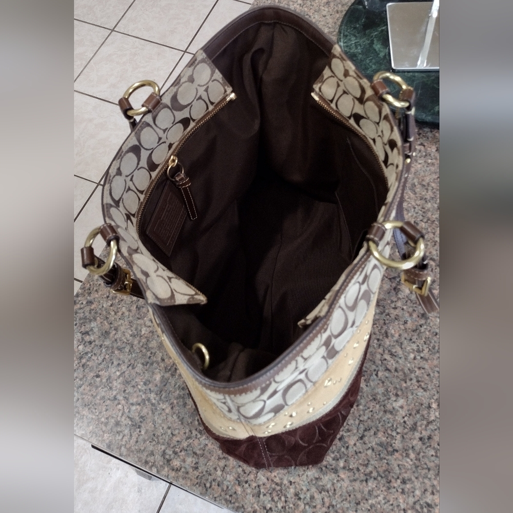 COACH Signature Patchwork East west Bucket  Tote Khaki & Brown - Picture 8 of 14
